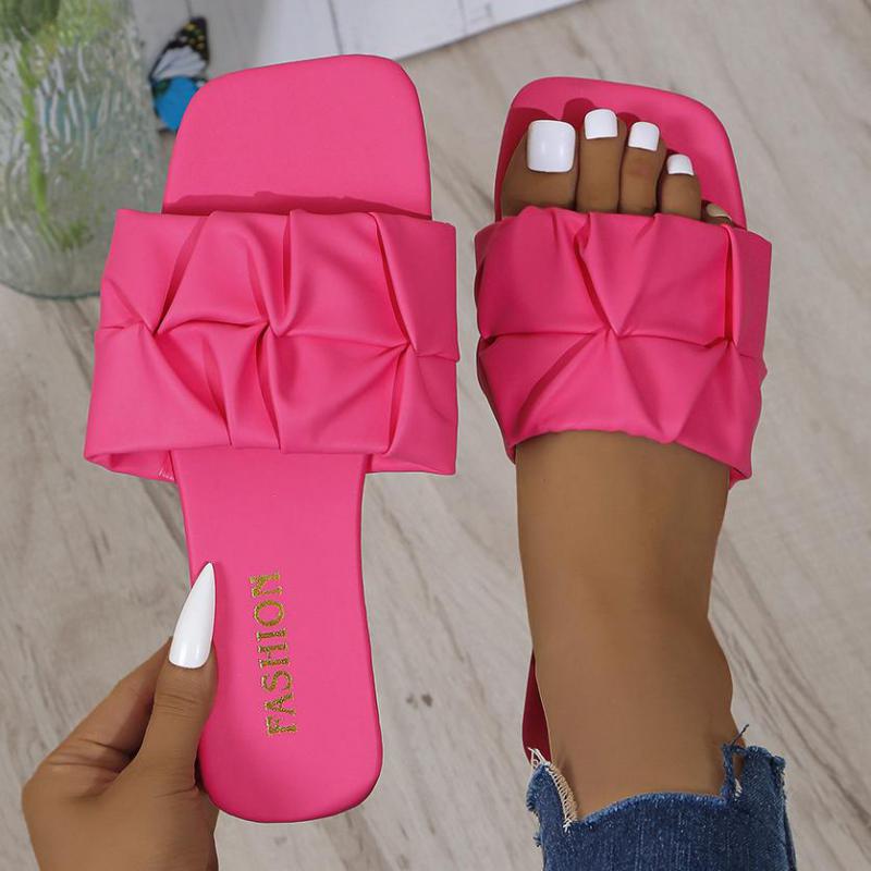 Fashion Ladies Slides Sandals Flat Green Leather Summer Slippers for Women Flip Flops Pleated Indoor Outdoor Home Korean Women Slippers