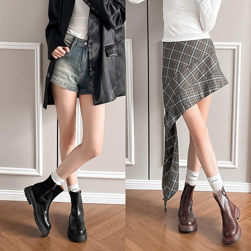 Hand-scratched Leather Autumn and Winter Merard British Style Platform Short Boots Women's Side Zipper Double Suede Chelsea Single Boots