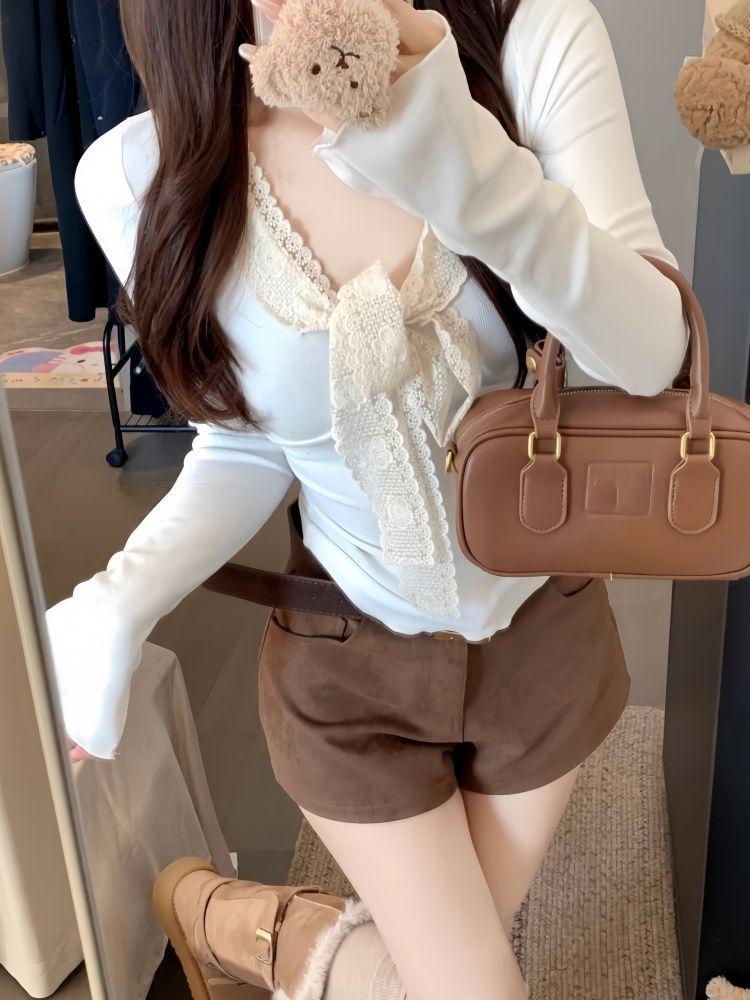 Women's Slim Fit V-Neck T-Shirt with French Lace and Bow Tie Straps - Autumn/Winter Two-Piece Style Top