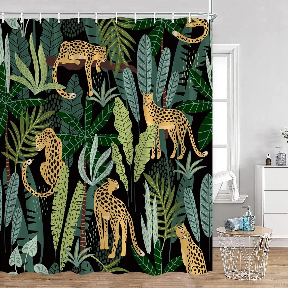 Tropisches Tier Duschvorhang Leopard Wildtier Flamingo Papagei Zebra Grüne Pflanze Palmenblatt Badezimmer Vorhang Dekoration