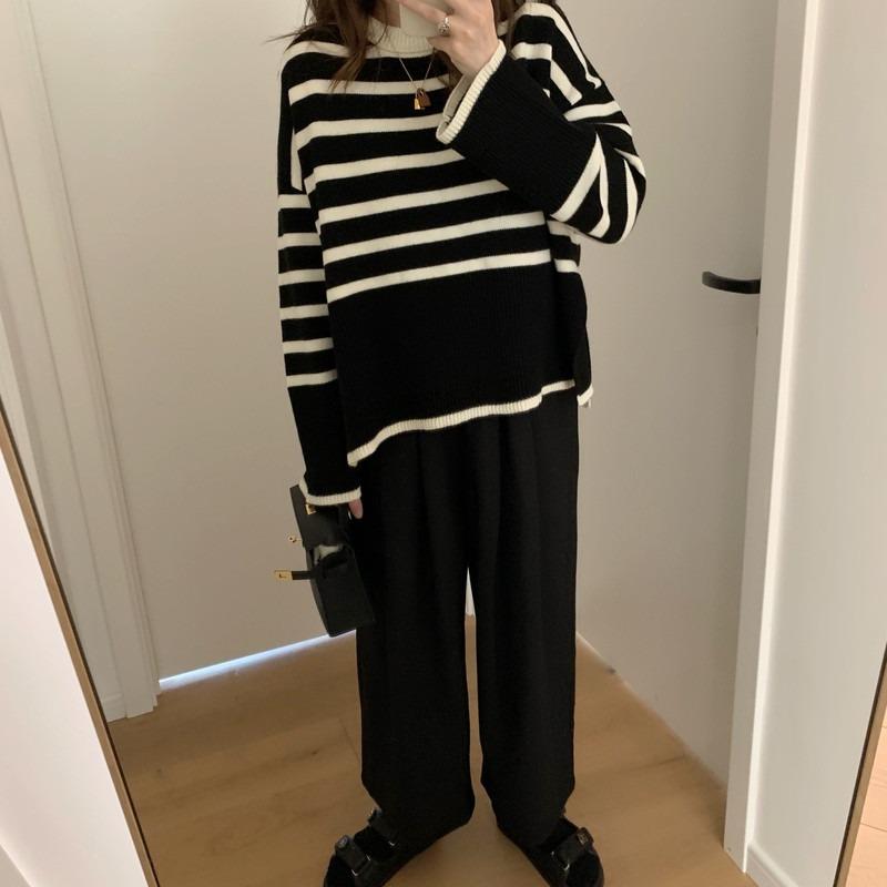 Korean Fashion Striped Knitted Pullover Sweater Women Autumn and Winter New Casual Simple Retro Loose Outside Wearing Long Sleeve Loose Crew Neck Tops