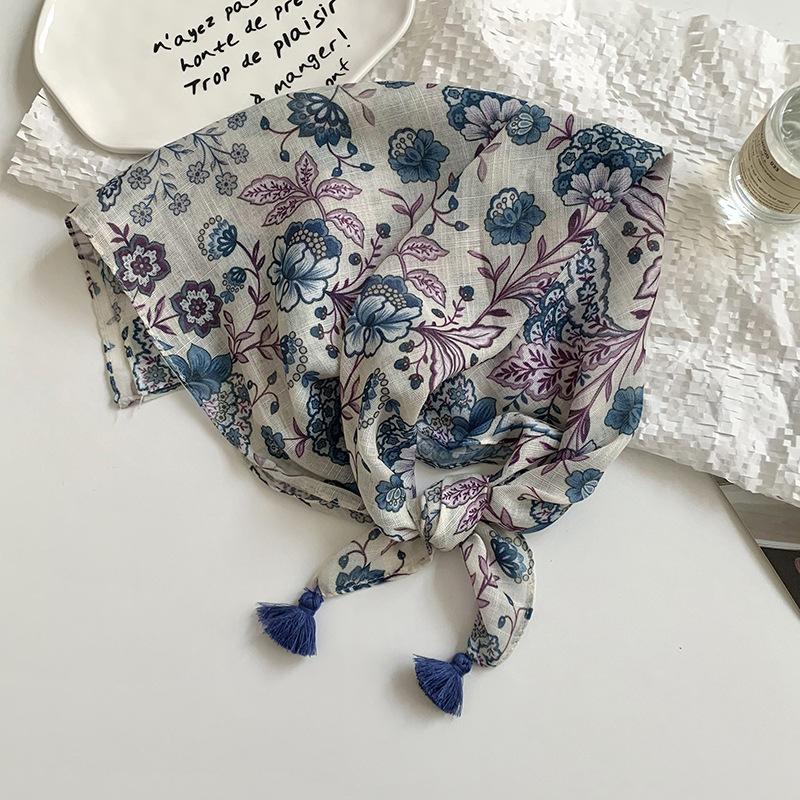 Premium cotton and linen silk scarf neck protection scarf small fresh square scarf floral headscarf hair band fringed hair accessories