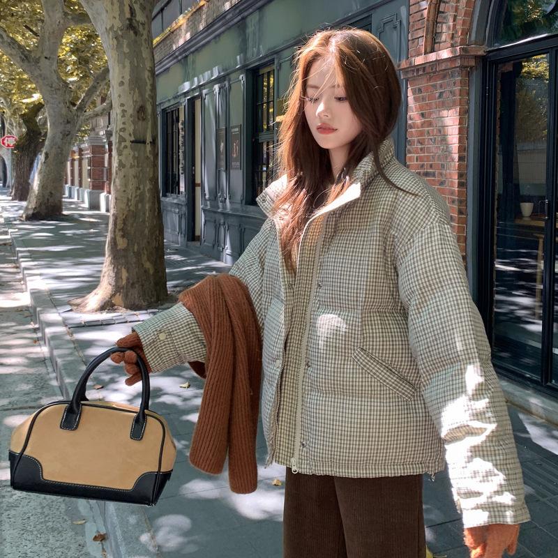 Handu Yishe plaid stand-up collar cotton-padded clothes for women's winter new loose and thickened padded small short cotton-padded jacket