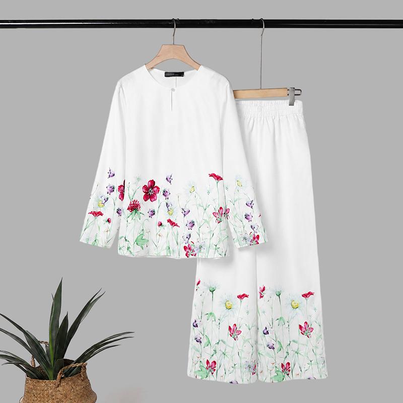 ZANZEA Women Long Sleeve Blouse and Long Pants Floral Print Casual Two Piece Sets