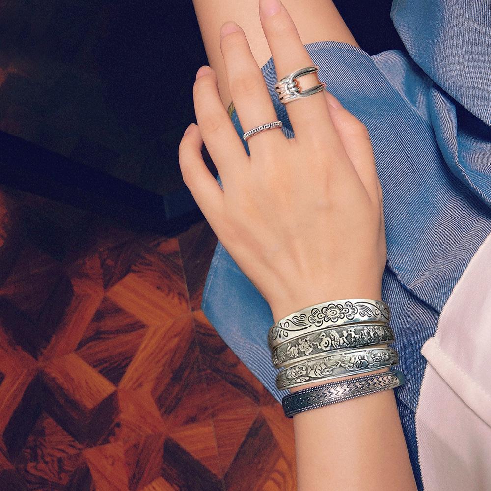 Ethnic Tibetan Miao Silver Vintage Carved Open Bangle Women's Jewelry