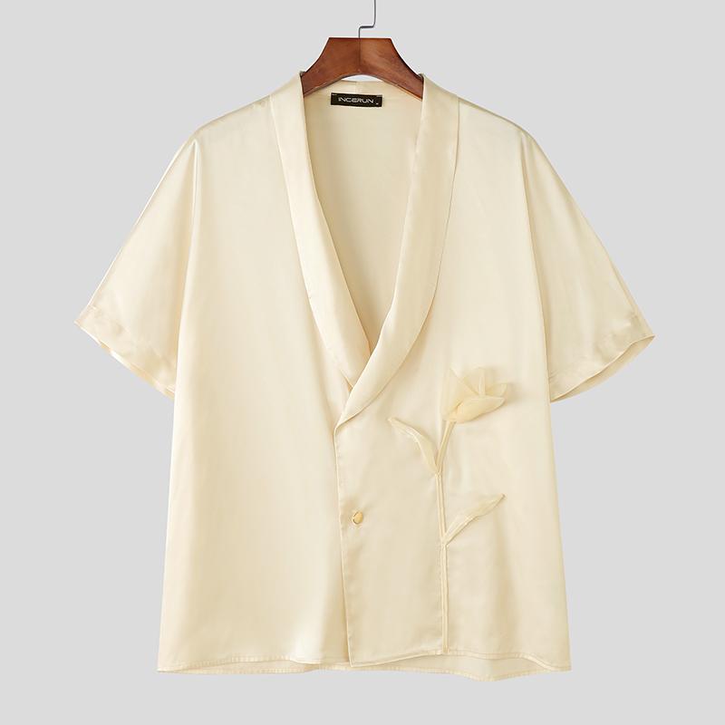 

INCERUN Мужские рубашки с лацканами, V-образным вырезом, коротким рукавом, на пуговицах, гладкие, повседневные, свободного кроя M абрикосовый