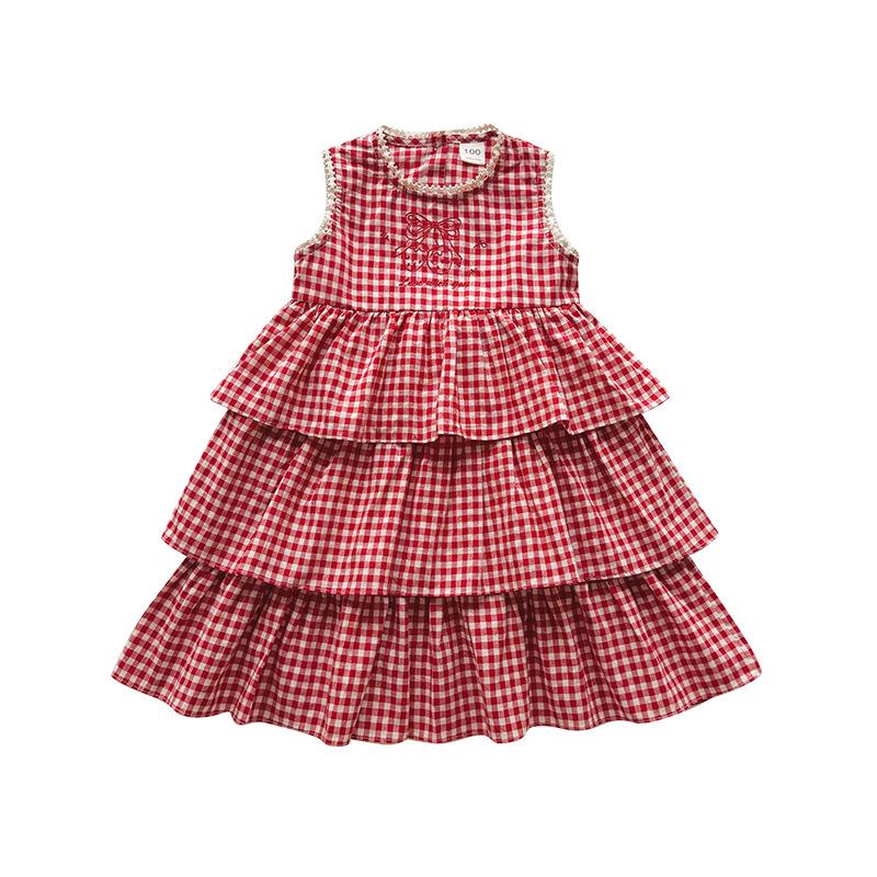Summer Girls Sleeveless Plaid Dress With Cartoon Strawberry Embroidery Ruffled Tiered Cake Skirt Vest