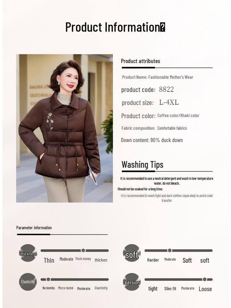 Mom's Winter Fashionable Embroidered Down Jacket with Wool Collar for Middle-Aged and Elderly Women