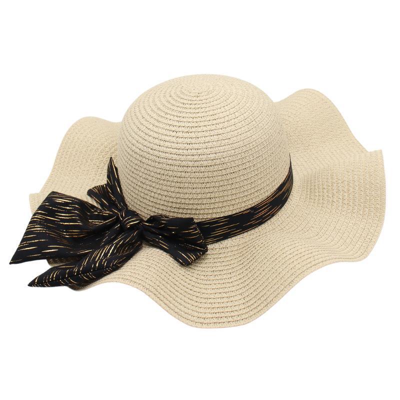 

Vintage Straw Hat Bow Visor Wavy Edge Beach Hat Straw Hat Silk Scarf Streamer One size fits all бежевий