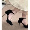 Waterproof Table High Heels Women's Stiletto Bow Black Suede Pointed Temperament Advanced Not Tired Feet Summer