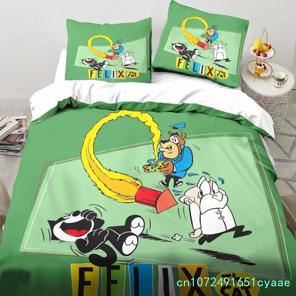 Carino Set Biancheria da Letto Cartone Animato Gatto F-Felix, Copripiumino Coperta Set Letto Copripiumino Federa, Dimensioni King Queen Twin Bambini Bambine Adulti
