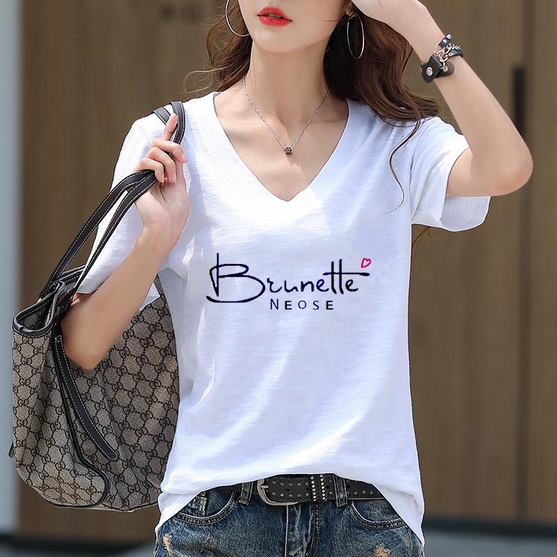 Women's Korean Style Loose Bamboo Cotton V-Neck Printed Half-Sleeve T-Shirt