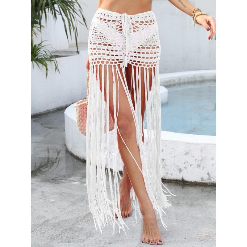 Damska czysta ręcznie robiona na szydełku długa spódnica plażowa z frędzlami, sznurowana, regulowana