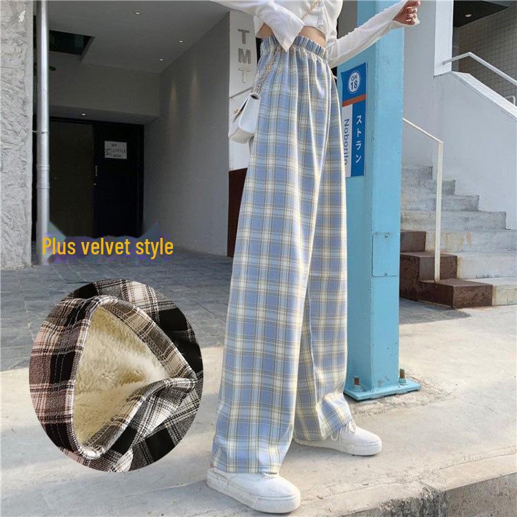 Women's High-Waist Black & White Plaid Wide-Leg Pants - Slim, Versatile, Casual, Loose, with Velvet, Ideal for Autumn and Winter