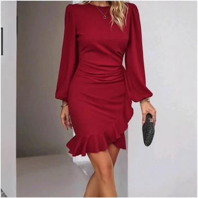 Damen Temperament Puffärmel Rüschenkleid