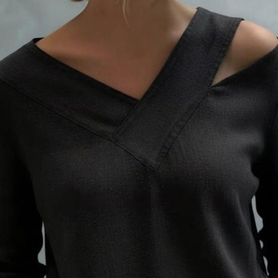 Women T-shirt V-Neck Off Shoulder Long Sleeve Pullover Tops Pure Color Loose Fit Summer Casual Shirt Daily