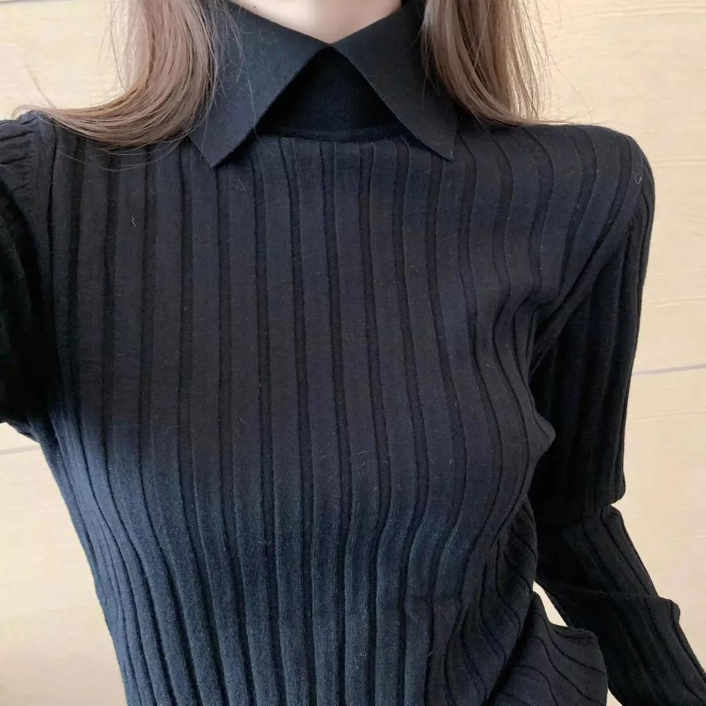 

Autumn Winter Women s Elegant Ribbed Knitted Sweater Basic Jumper, Sweater with Polo Collar, Solid Color, Long Sleeve, Thin Pullover, Tops, XS