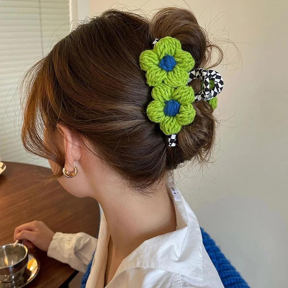 Fashion Premium Blue Green Handmade Woolen Flower Hair Clip Headwear Woman Elegant Large Ponytail Claw Sexy Luxury Accessories