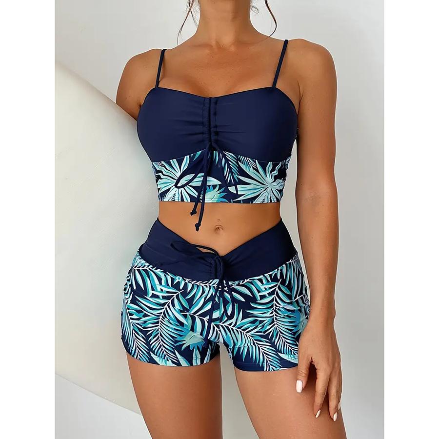 High waist flat angle strap print solid color splicing print large size swimsuit