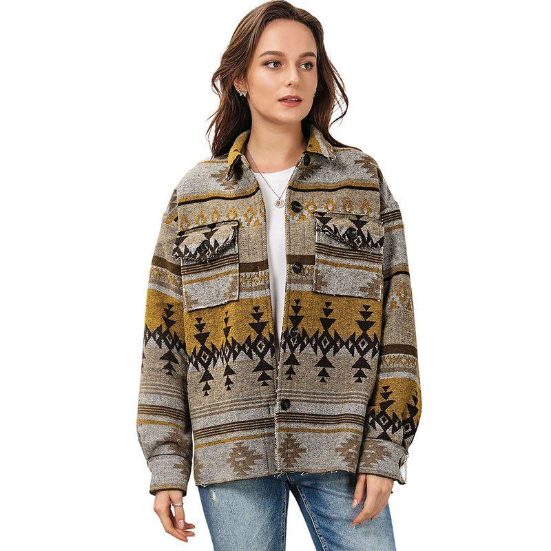 

2024 Fall and Winter New Arrival Retro Geometric Print Jacket Female Fashion Fashion Color Contrast Loose Lapel Long Sleeves Outwear Female Brown S code fits (45.00 kg-55.00 kg