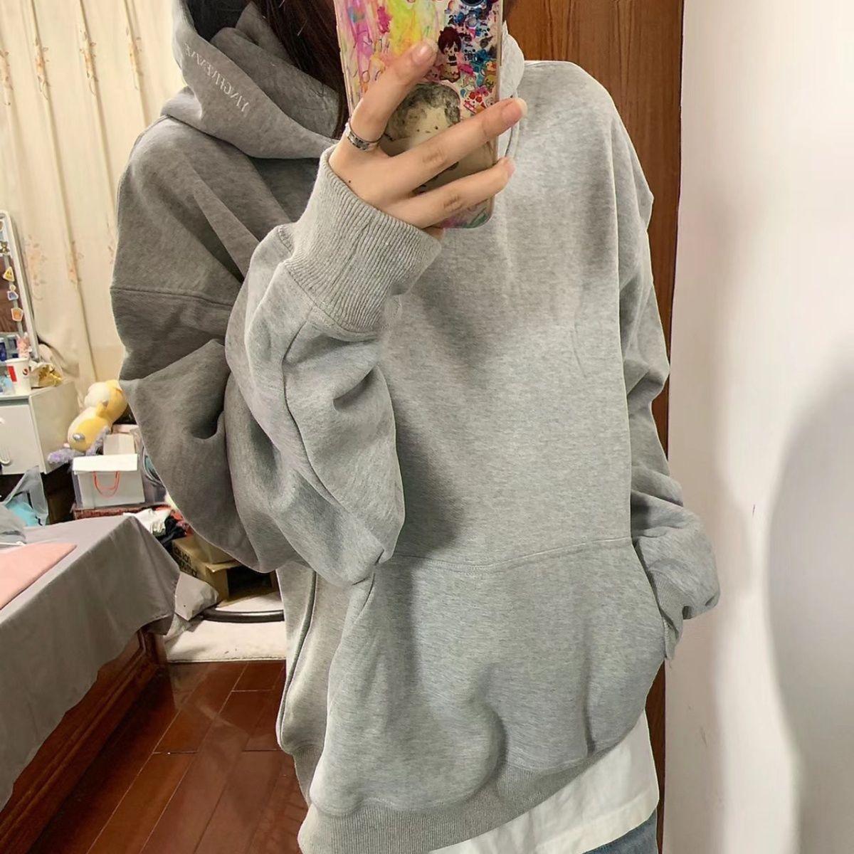 

2025Ретро Серая Толстовка с Капюшоном Студенческая Простая Однотонная Худи S бежевый