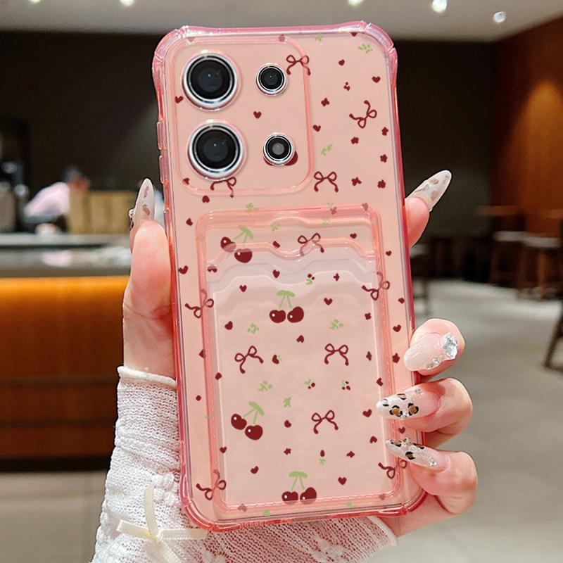 Motif Nœud Cerise Fente pour Carte Étui en Silicone Souple Pour Xiaomi 14T 13T Pro Poco F6 Pro X6 C65 Redmi Note 13 12 Pro 11 Housse de Téléphone Transparente Antichoc