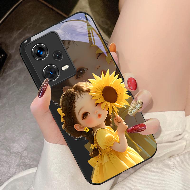 Sunflower Girl Pink For Xiaomi 14 Ultra 13 Lite Redmi Note 13 11 Pro 12 Plus Poco X6 3 Pro F4 6 GT Tempered Glass Phone Case
