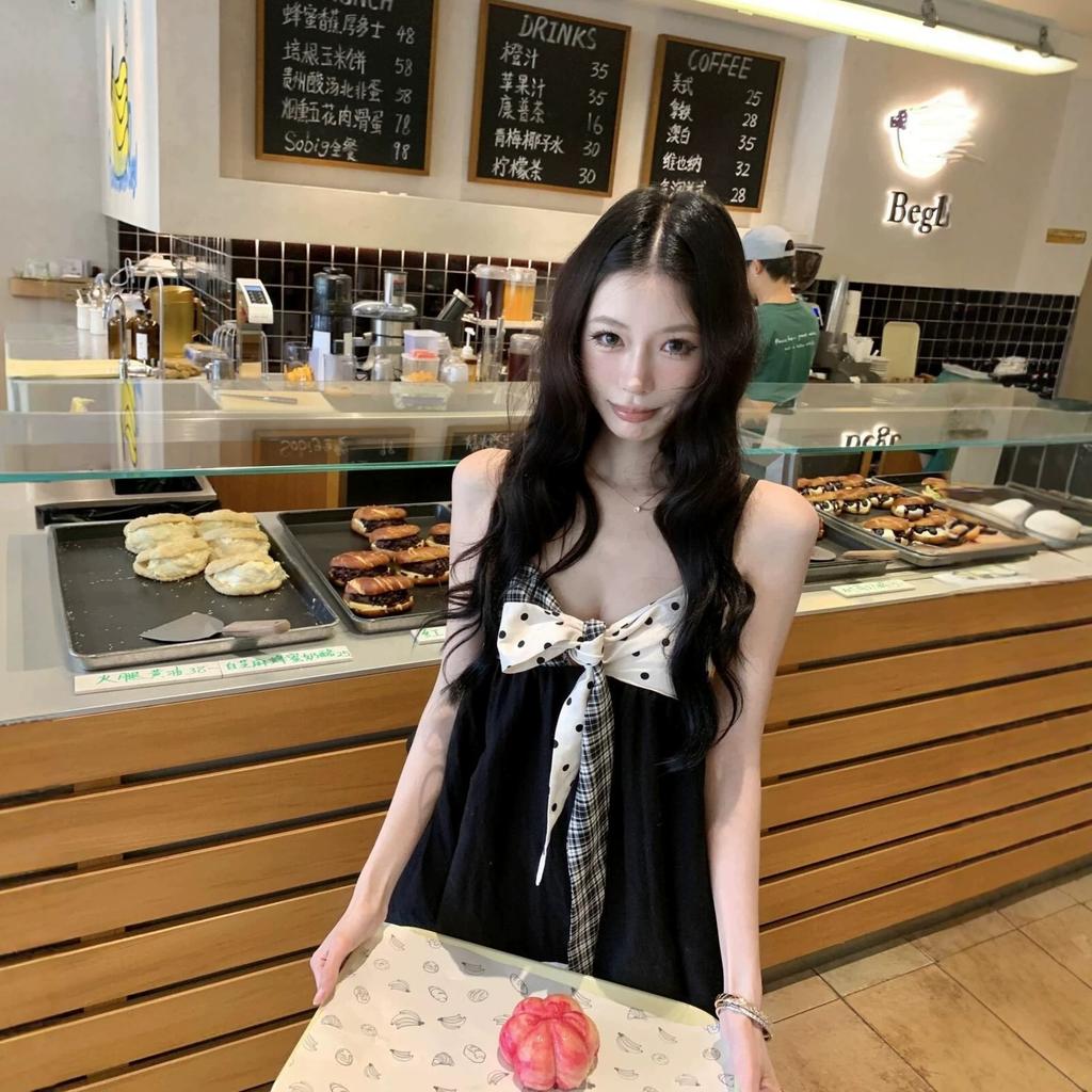 Korean ins storm dot plaid contrasting color straps A-shaped pendulum suspenders women's summer new age-reducing fashion sleeveless top