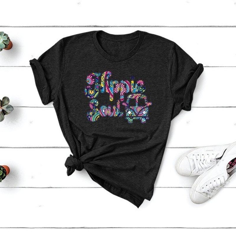 HIPPIE SOUL Bus Print T-Shirt Damen Kurzarm O-Ausschnitt Lockeres T-Shirt Sommer Damen T-Shirt Tops Camisetas Mujer