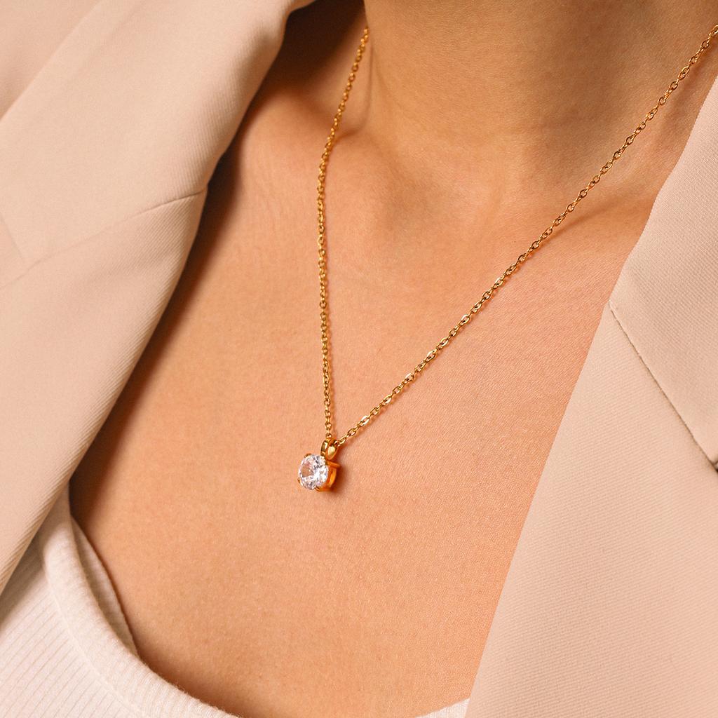 H&C Hot Selling18K PVD Gold Plated Stainless Steel Solitaire Round CZ Pendant Necklace for Women Christmas Birthday Gift Jewelry