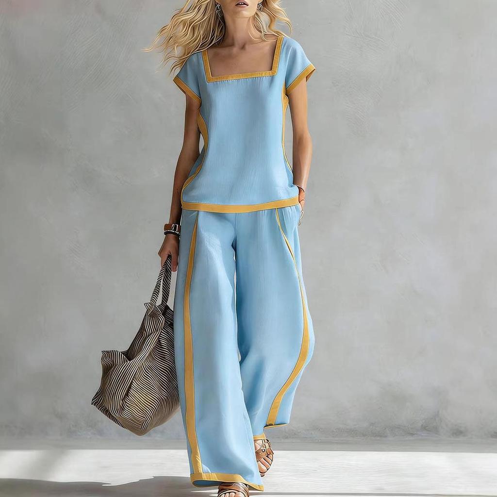 European & American Summer Color Block Wide-Leg Pantsuit - Women's Casual Fashion Two-Piece Set
