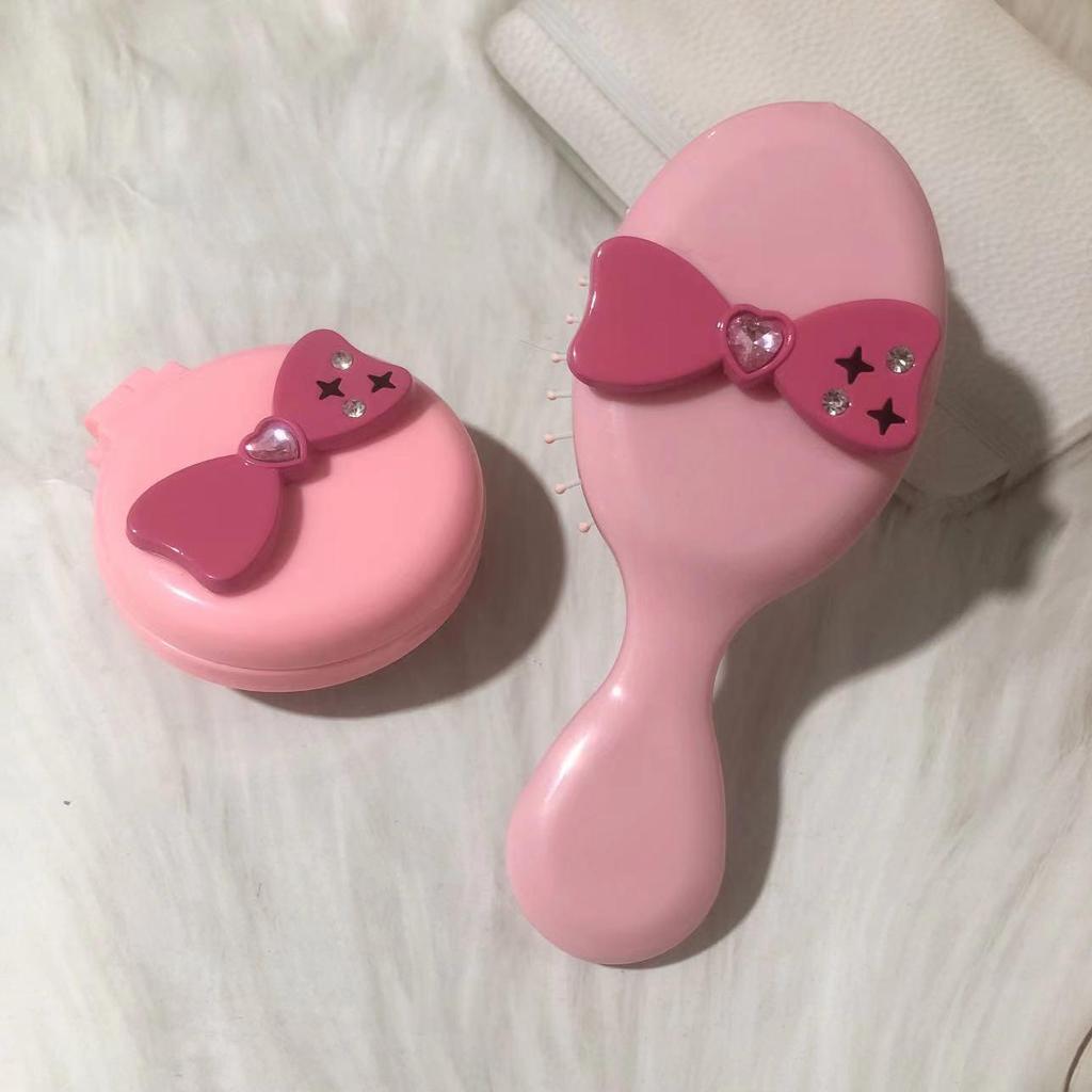Pink & Black Y2K Bow Airbag Massage Comb – Cute, Portable DIY Hairbrush