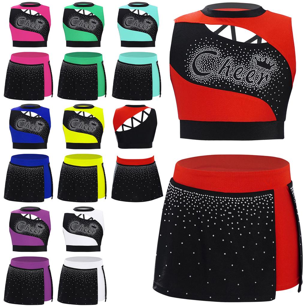 Girls Dance Crop Top and Skirt Set Sleeveless Rhinestone Design Side Slit Cheerleading Costume