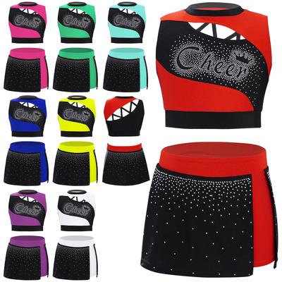 Ensemble Tenue de Danse Cheerleading pour Filles Manches Courtes Crop Top Strass & Jupe Fendue pour Compétition de Cheer, Performance Scénique, Costume de Fête