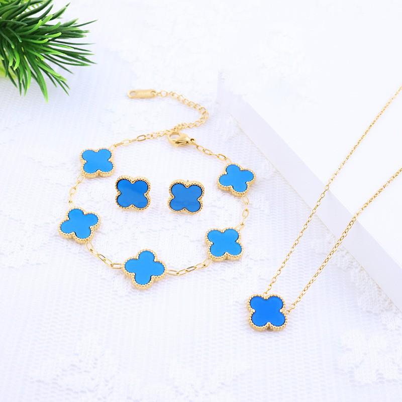 13mm Clover Pendant Necklace Earrings Bracelet Set Women Stainless Steel Cross Chain Pearl Shell Floral Jewelry