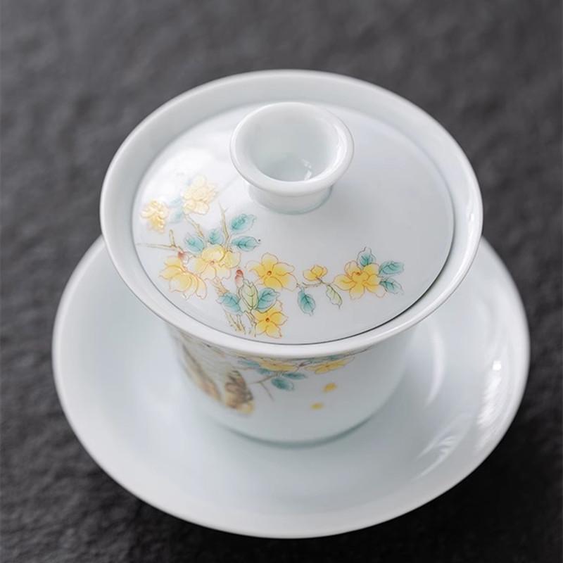 Schatten-Celadon Deckelschale, Teetasse, Weiße Porzellan Schwebende Teeschale mit Deckel, Sancai Keramik Kung Fu Haushalts-Teeset