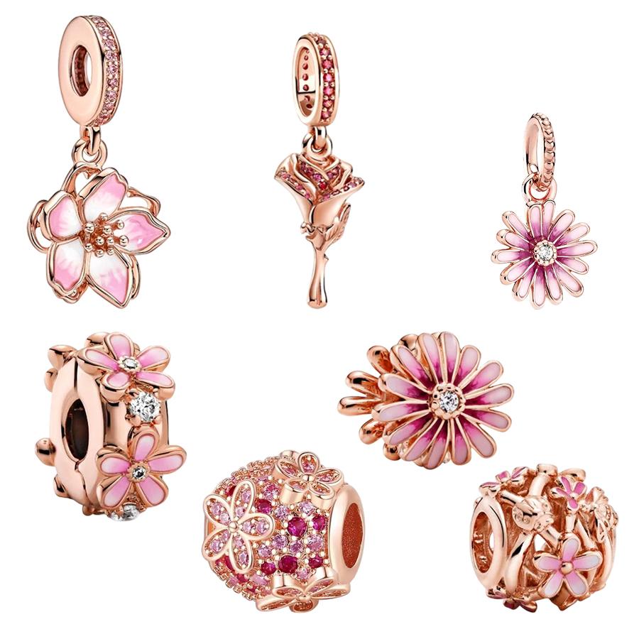 Sparkling Rose Gold Original Flower Charm Pink Daisy Flower Cherry Blossom Rose Flower Beads Fit Snake Bracelet DIY Jewelry Gift