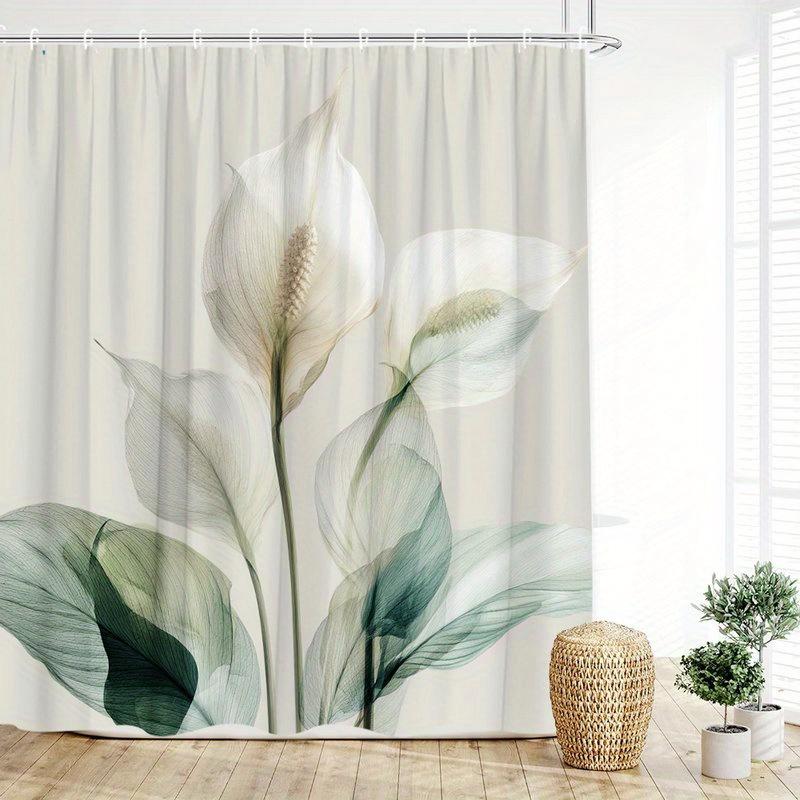 1 Elegantní sprchový závěs Calla Lily - Poloprůsvitný květinový vzor s bílými liliemi, zelenými listy a světlými stonky polyesterová tkanina