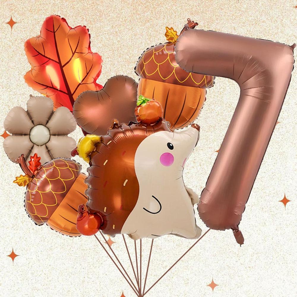 7pcs Autumn Pinecone Hedgehog Balloon Set 32 Inch Brown Number 1-9 Birthday Balloon Thanksgiving Party Decoration Photo Props