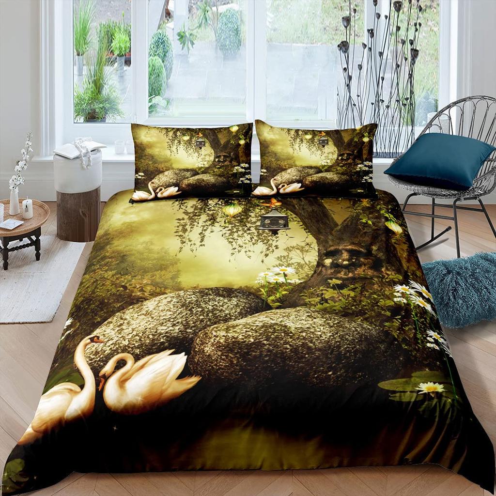 Swan Bedding Collection Romantic Flowers Duvet Cover King Birds Wildlife Quilt Cover For Couple Lady Man Wedding Festival Party Decor