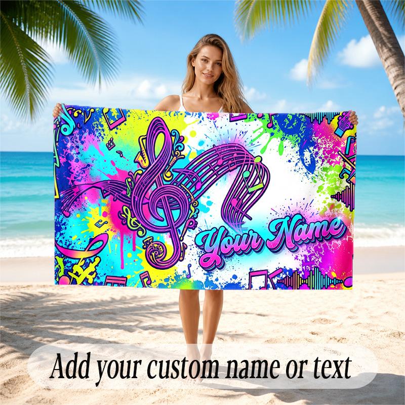 Music Theme Quick Dry Beach Towel Custom Name Text Print Large Sand Resistant Towel Beach Vacation