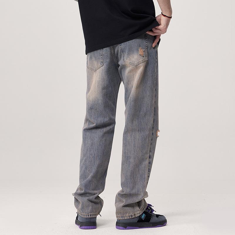 Jeans men's washed old ripped non-elastic floor-mopping pants straight loose trousers retro nostalgic high street jeans