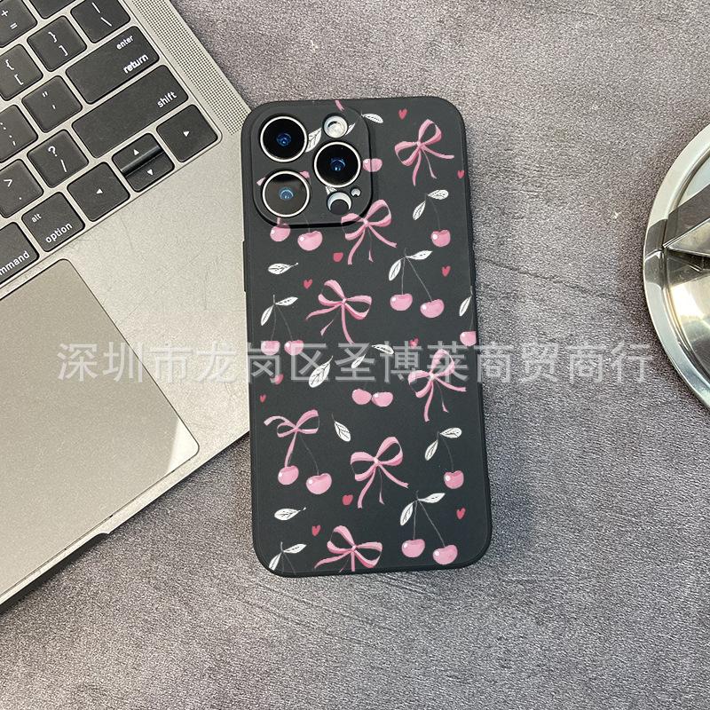 Cherry Bow Is Suitable for iPhone15 Mobile Phone Case 14PROMAX All-inclusive 13 Anti-drop 16/15 Protective Case 17.