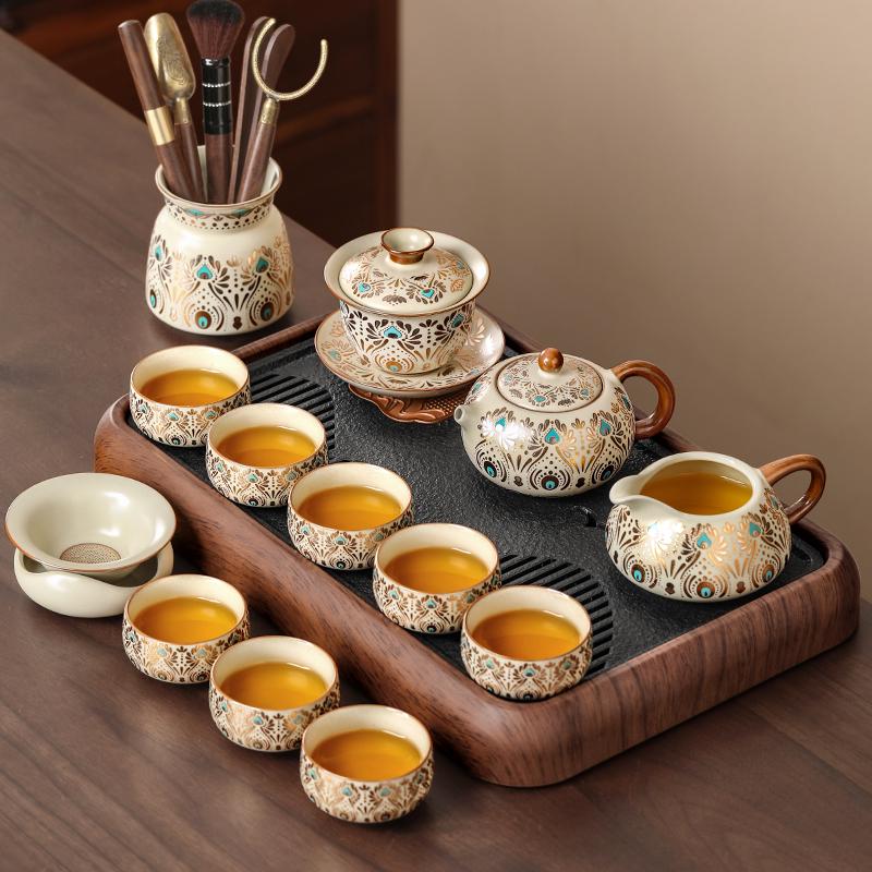 Ru Kiln Kung Fu Tea Set: Light Luxury Teapot, Teacups & Brewing Tray