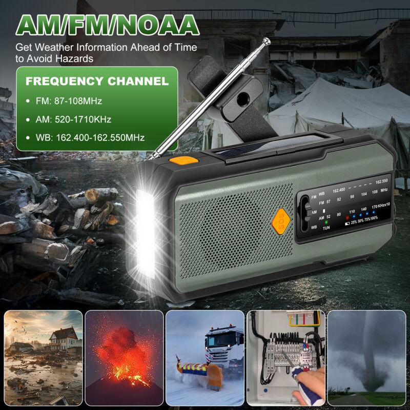 Solar Hand Crank Emergency Radio 2000/5000mAh, LED Lamp, SOS Alarm, Waterproof Power Bank for Outdoor Use