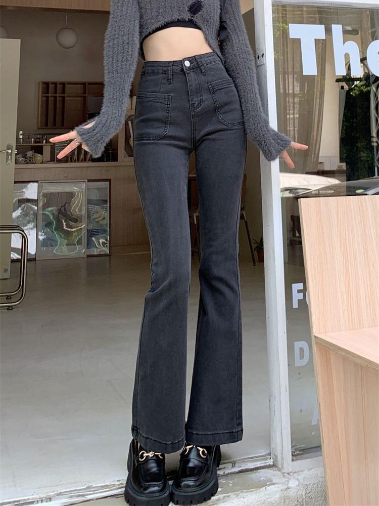 Schwarz Grau Hoch taillierte Ausgestellte Jeans frauen Retro Gerade Elastische Dünne Schlanke Weite bein Ausgestellte Hosen Weibliche Hosen