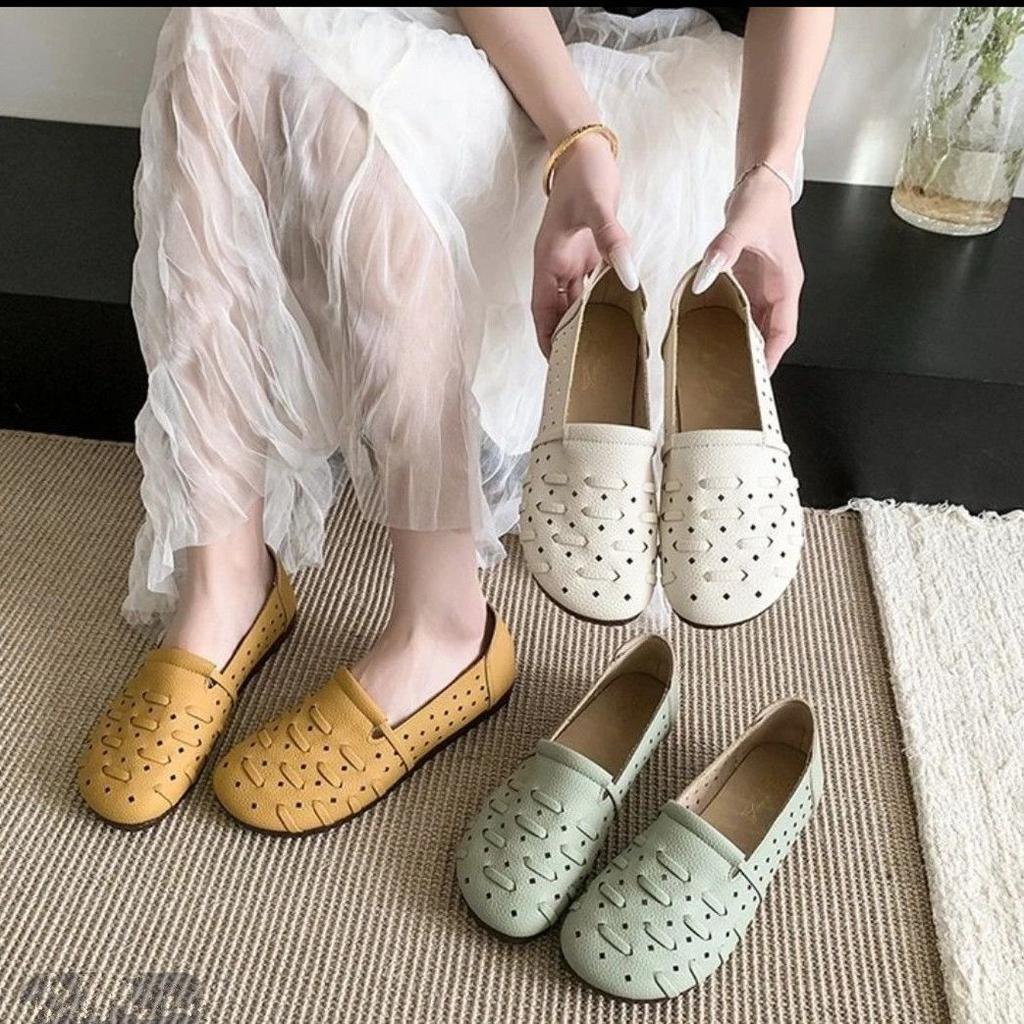 2025 summer new hollow beef tendon non-slip soft sole one pedal casual breathable mother shoes flat hole shoes women