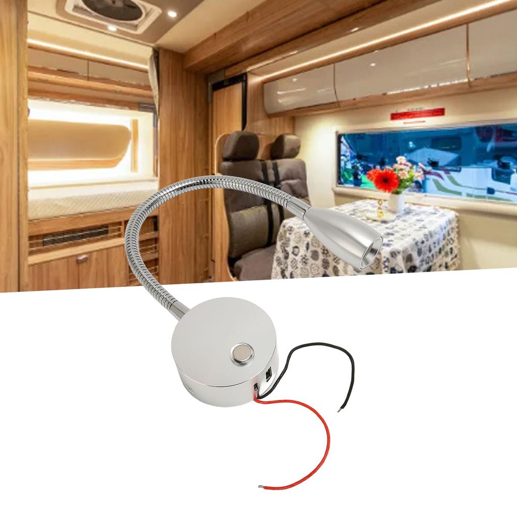 LED RV Gooseneck Bed Light with USB Port Type C Port Touch Control  12‑24V Soft Light RV Bedside Reading Lamp for   Van Boat