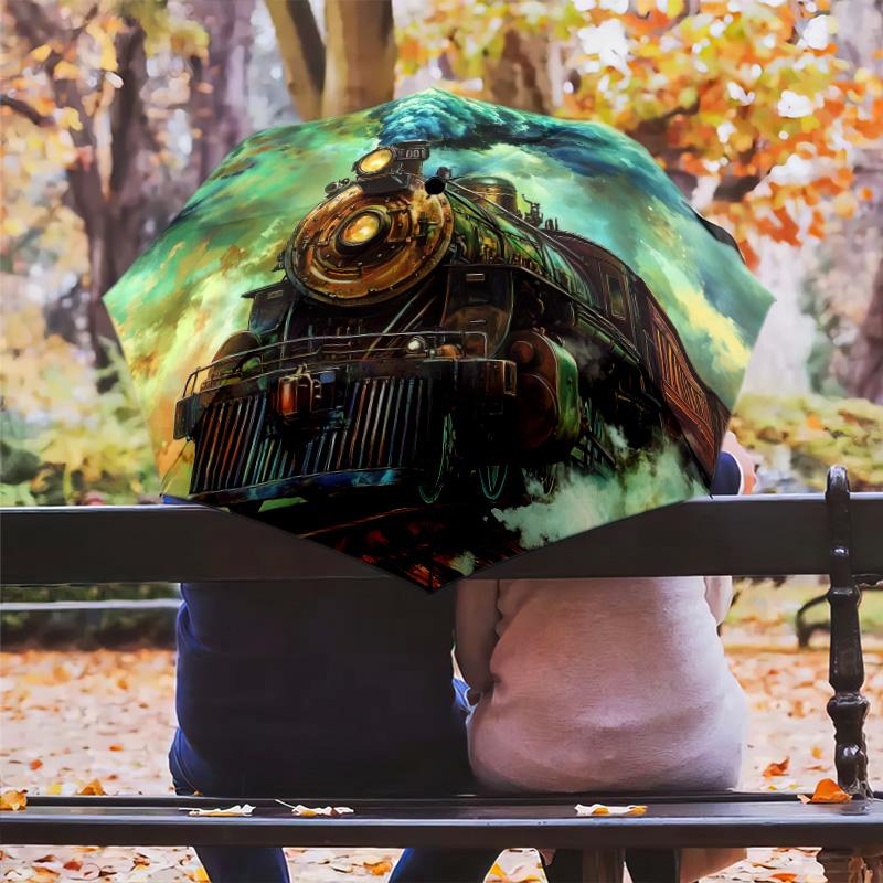 Steampunk  pattern, automatic folding umbrella, portable and foldable design, 8 ribs, a Christmas or birthday gift.