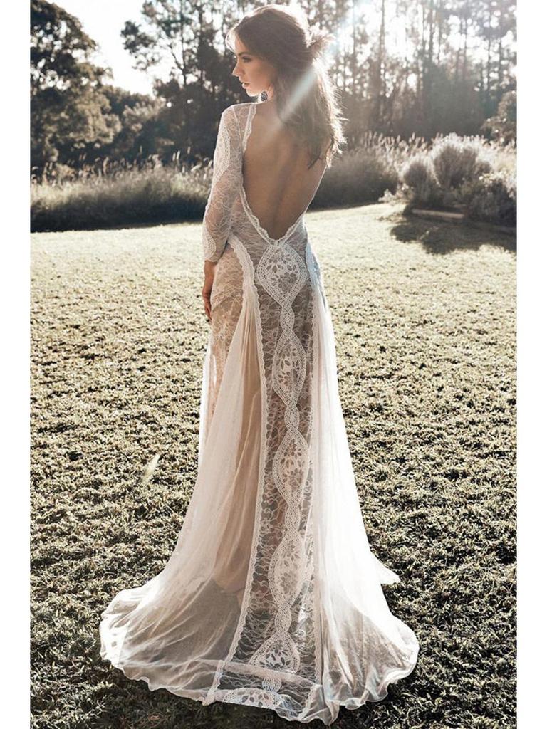 2025 Spring European & American Women's Celebrity Banquet Wedding Dress - Round Neck, Long Sleeve, Printed, Backless Lace